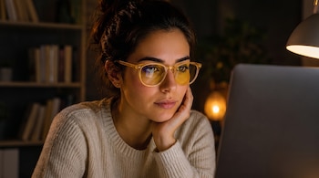 Mujer con cabello recogido y suéter claro usa gafas de filtro amarillo mientras mira una computadora portátil; se ven estantes y una lámpara al fondo.