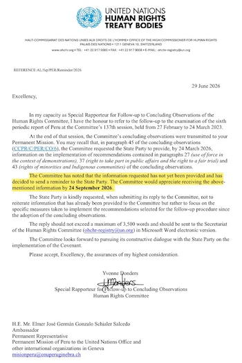 Carta oficial de la ONU con logo y texto en inglés, fechada el 29 de junio de 2026. Un párrafo está resaltado en amarillo, con firma y destinatario al final