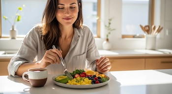 Mujer con camisa clara come desayuno compuesto por huevos revueltos, bayas, naranja, aguacate y espinacas, con una taza de cacao al lado, en una cocina luminosa.