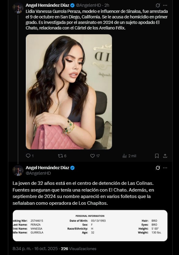 El periodista Ángel Hernández confirmó la detención de la modelo sinaloense. (Captura de pantalla)
