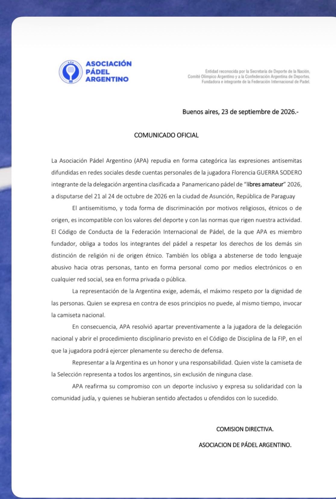 La Asociación Pádel Argentino resuelve apartar a la jugadora Florencia Guerra Sodero de la delegación nacional por expresiones antisemitas en redes sociales. (X.com)