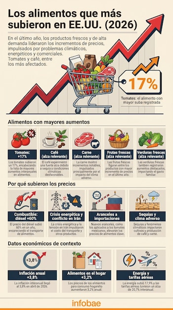 Infografía ilustra alimentos con mayor alza de precios en EE.UU. en 2026, con un carrito de compras, flechas ascendentes y porcentajes, detallando tomates, café, carne y frutas.