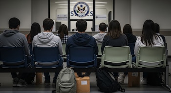 Grupo de jóvenes adultos sentados de espaldas en bancos metálicos de una sala de espera institucional. Al fondo, se ve el logo de USCIS en una ventanilla.