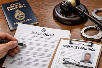 Un pasaporte argentino, un Boletín Oficial, una mano con pluma, un mazo judicial, unas esposas y una orden de expulsión con lentes.