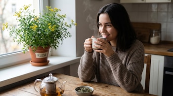 Mujer sonríe bebiendo té humeante en mesa de madera. Se ven tetera, hierbas secas y planta de ruda con flores amarillas junto a una ventana.
