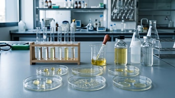 Mesa de laboratorio con estante de madera, varias probetas con líquidos, un vaso de precipitados con gotero, dos frascos de vidrio y placas de Petri con muestras