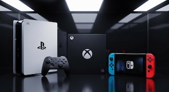 Una consola PlayStation blanca y negra con un mando negro, una consola Xbox negra y una consola Nintendo Switch con mandos azul y rojo sobre una superficie oscura.
