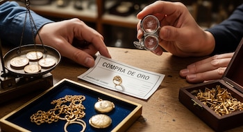 Mão no balcão com uma escala de moedas de ouro. Letra 'BUY GOLD' com anel e espelho. Uma caixa de joias de ouro.