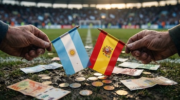 Primer plano de dos manos sosteniendo pequeñas banderas de Argentina y España sobre césped de fútbol con billetes y monedas argentinos y euros.