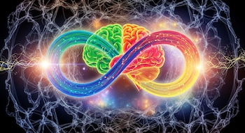 Una representación digital de dos cerebros entrelazados por un signo de infinito luminoso y multicolor, sobre un fondo oscuro con patrones neuronales.