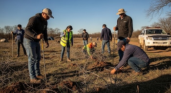 Grupo de personas en un campo con vegetación seca utiliza varas y un cedazo; se observan carpas, árboles y una camioneta blanca al fondo.