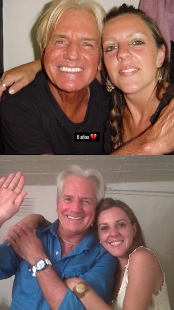 Collage de dos fotos: en la superior, un hombre rubio y una mujer morena sonríen. En la inferior, el mismo hombre canoso saluda junto a la mujer
