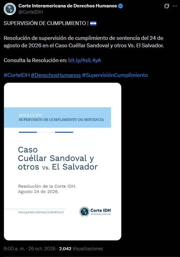 La Corte IDH declaró cumplimiento parcial en el caso Cuéllar Sandoval contra El Salvador.