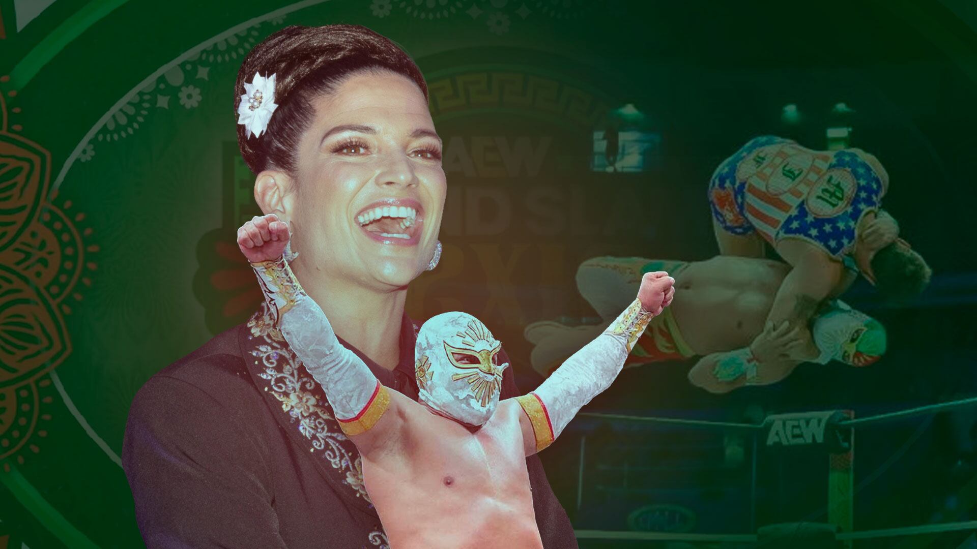 El luchador mexicano fue recibido con ovaciones al ritmo de “Me Muero”, mientras Natalia Jiménez destacó el vínculo especial entre su música, el público y la lucha libre. (Ilustración: Jovani Pérez)