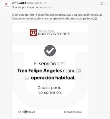 Las autoridades informaron la normalización del servicio el sábado, pero no anunciaron compensaciones ni explicaron las causas específicas de la falla. (X/ @TrenAIFA)