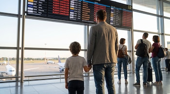Un hombre adulto y un niño pequeño de espaldas, tomados de la mano, miran una pantalla de aeropuerto que muestra vuelos cancelados y aviones en pista.