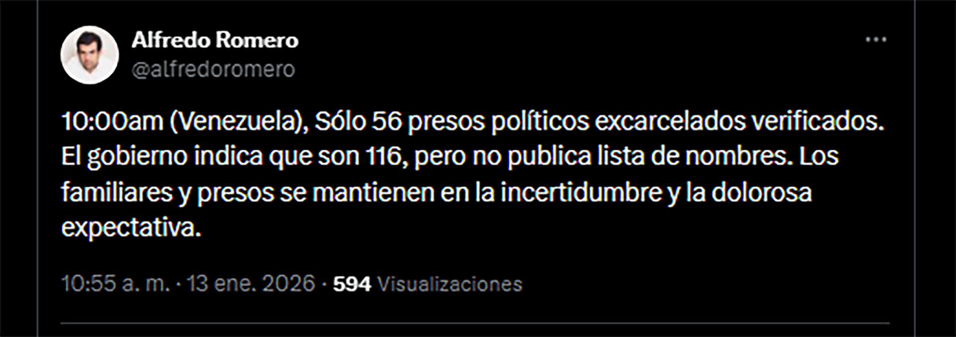 El mensaje de Alfredo Romero en X