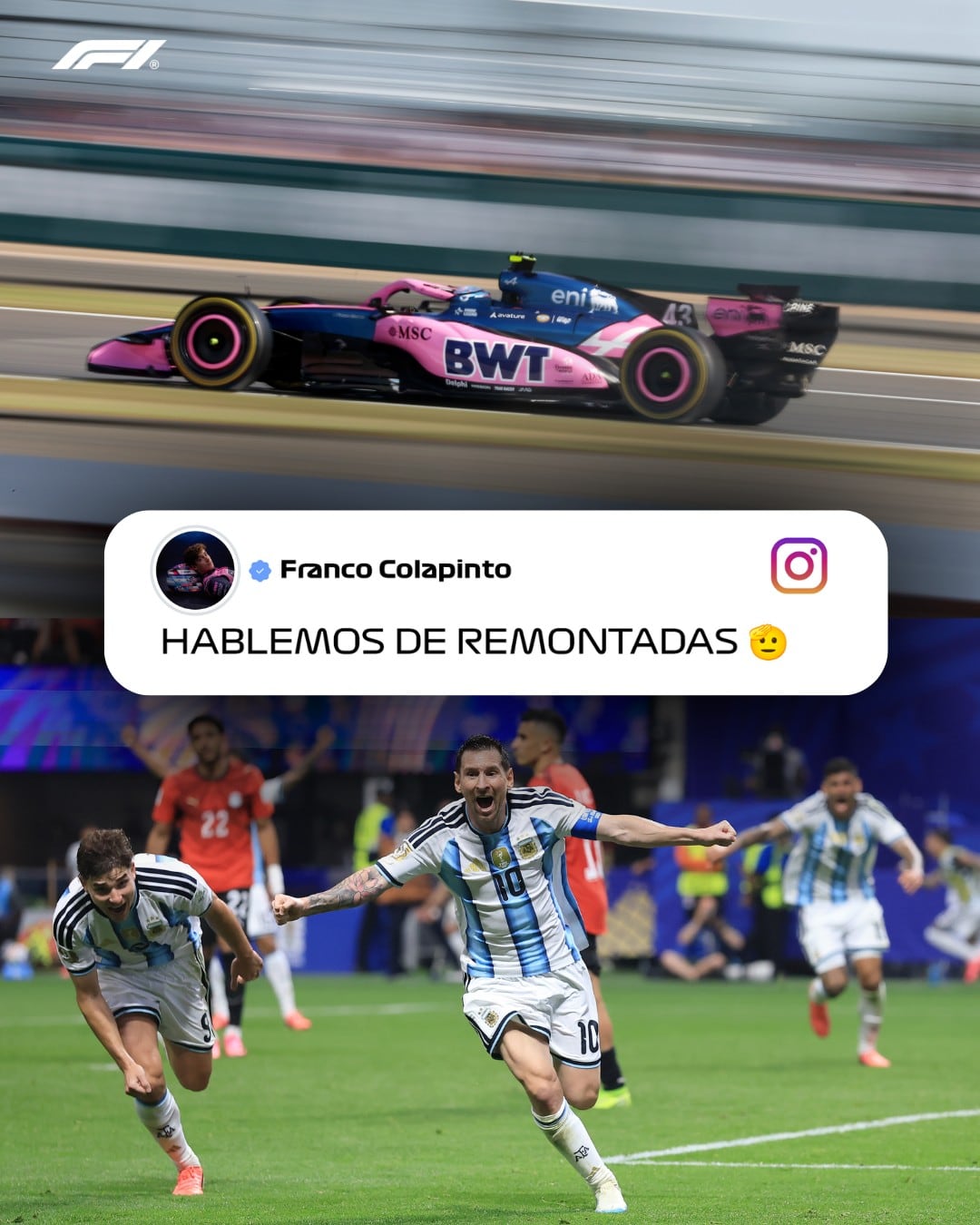 El posteo de la F1 para combinar las remontadas de Colapinto y la selección argentina de fútbol liderada por Messi (@f1)