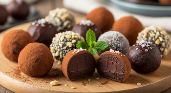 Trufas de chocolate con coberturas de cacao en polvo, trozos de frutos secos y gránulos blancos. Dos trufas cortadas revelan su interior. Una rama de menta acompaña.