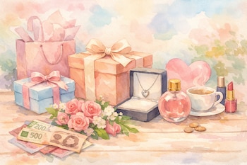 Ilustración en acuarela de regalos para mamá: bolsas, cajas, un collar, perfume, maquillaje, una taza de café, flores y billetes de pesos mexicanos sobre una mesa de madera.