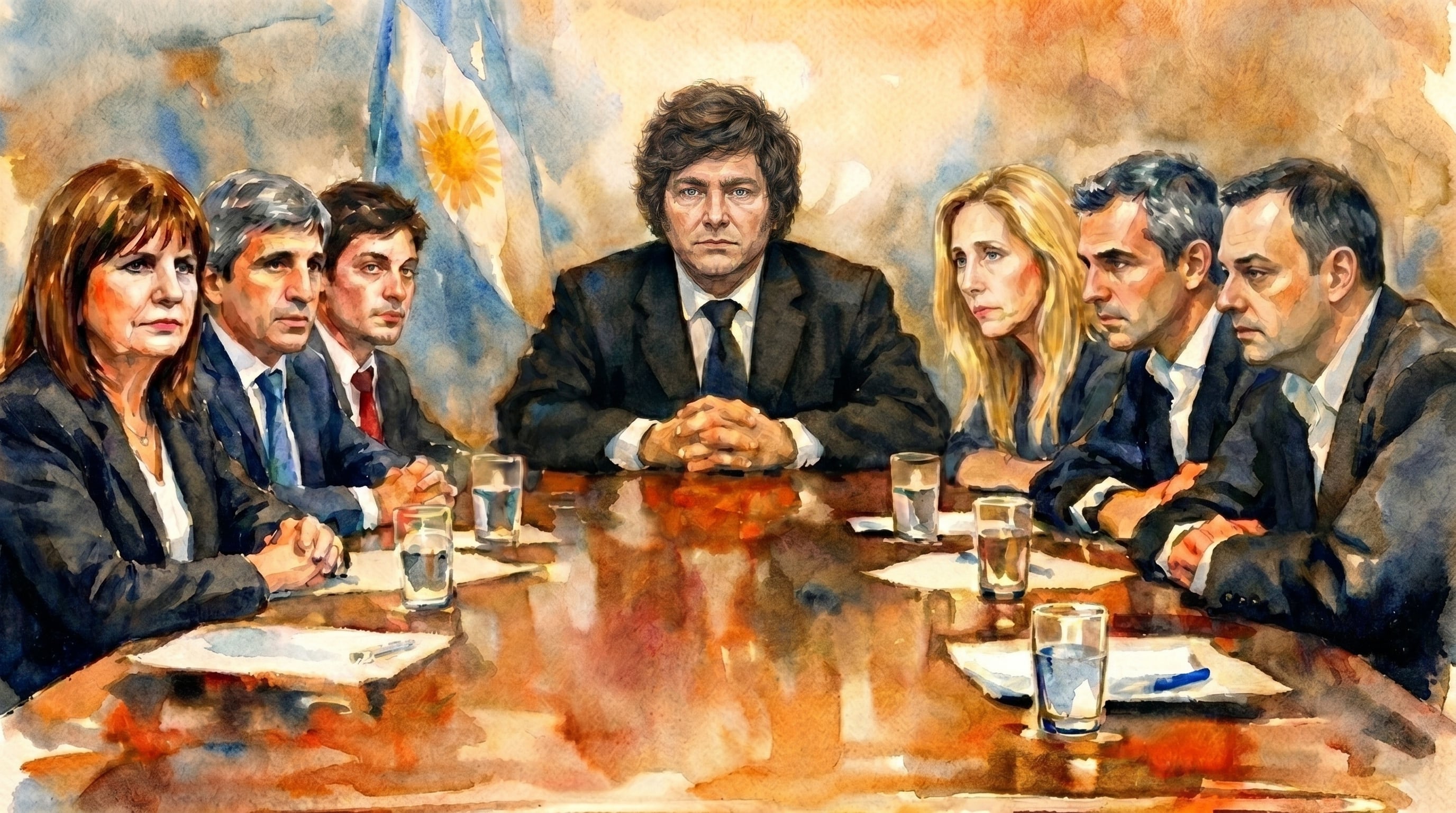 Javier Milei junto a Karina Milei, Martín Menem y Manuel Adorni a un lado. Del otro, Santiago Caputo, Luis Caputo y Patricia Bullrich (Imagen Ilustrativa Infobae)