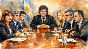 Pintura acuarela de Javier Milei sentado al centro de una mesa de madera con su equipo político, rodeado por seis personas y la bandera argentina detrás.