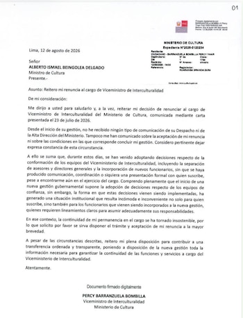 Documento oficial con texto en español, encabezado por el logo del Ministerio de Cultura. Muestra fecha, destinatario, asunto y firma digital