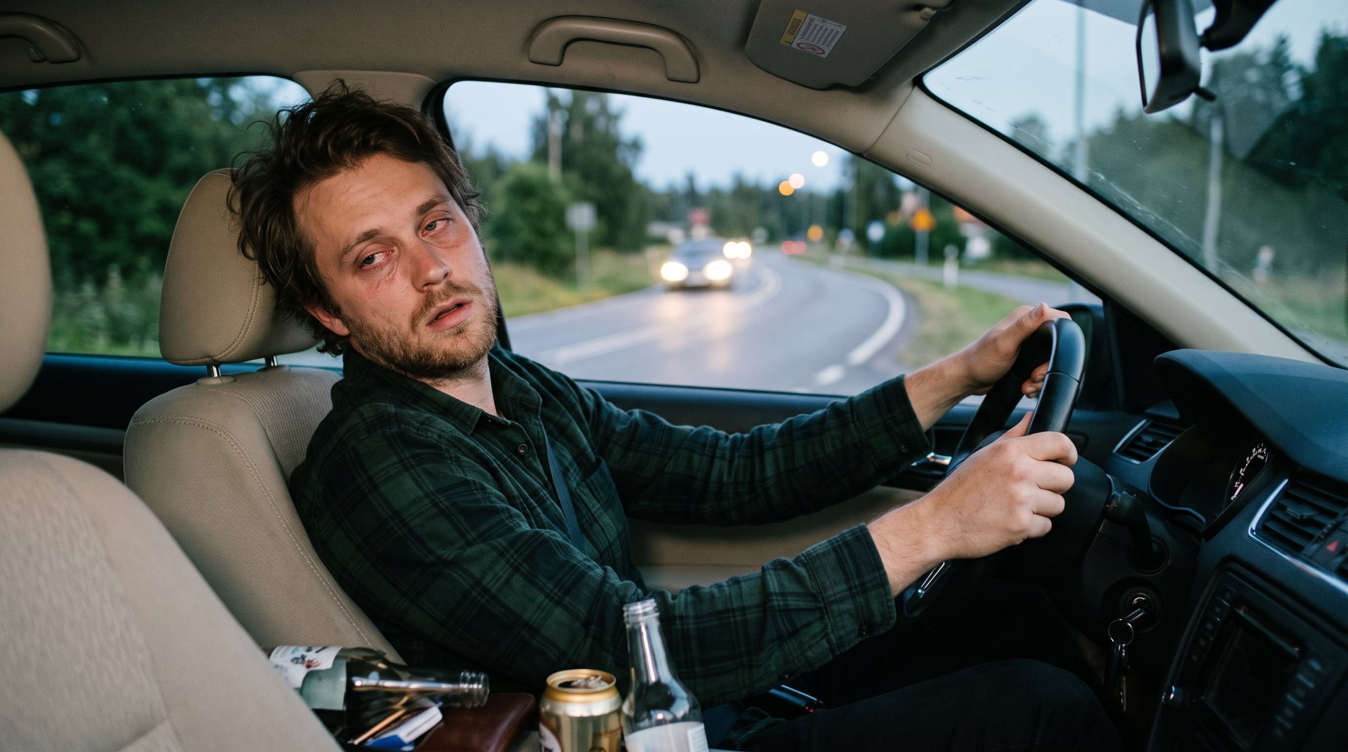 Un hombre conduce un automóvil bajo los efectos del alcohol con botellas de bebidas alcohólicas en el interior del vehículo mientras circula por una carretera. (Imagen Ilustrativa Infobae)