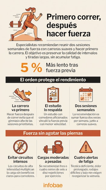 Infografía con una ilustración de una corredora, pesas, un calendario y varios bloques de texto explicativo sobre el entrenamiento.