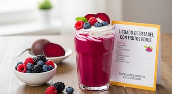 Un licuado de betabel con frutos rojos en vaso, adornado con crema, arándanos y frambuesas, acompañado de un bol de bayas y una receta sobre mesa de madera.