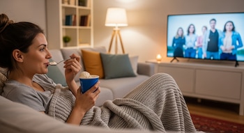 Mujer joven sentada en un sofá gris, envuelta en una manta tejida, comiendo helado de un pote azul y viendo televisión en una sala de estar cálidamente iluminada.