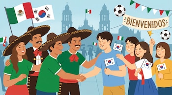 Ilustración de personas mexicanas y surcoreanas dándose la mano, con banderas de ambos países, balones de fútbol y la frase 'BIENVENIDOS' al fondo.
