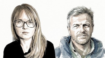 Ilustración de estilo New Yorker que muestra el busto de una mujer rubia con gafas y un hombre canoso con barba de tres días, mirando al frente sobre un fondo blanco.