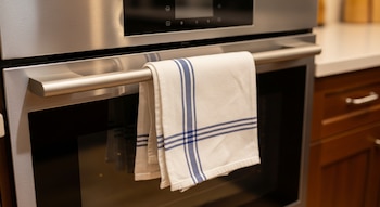 Un paño de cocina blanco con un patrón de rayas azules cuelga de la barra del tirador de un horno de acero inoxidable. El horno tiene una puerta de cristal oscura.