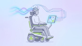 Ilustración de una persona sentada en una silla de ruedas motorizada, con un casco de electrodos conectado a una pantalla digital, y ondas que salen de su cabeza.