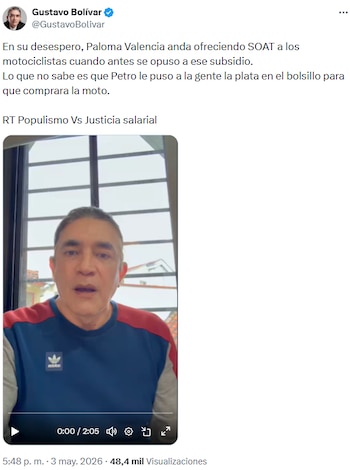 Gustavo Bolívar acusó a Paloma Valencia de “populismo” - crédito @GustavoBolivar/X