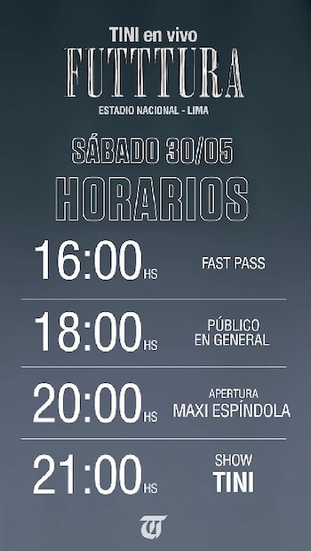 Las puertas abrirán para público general a las 18:00 y el show de Tini está previsto para las 21:00, según la organización.