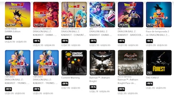 Una interfaz de tienda digital con doce portadas de videojuegos para PlayStation 4 y 5, mostrando títulos, precios y porcentajes de descuento