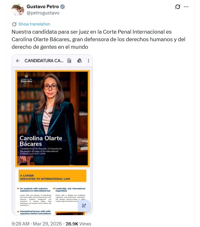 Gustavo Petro destacó a Diana Carolina Olarte como una gran defensora de los derechos humanos - crédito @petrogustavo/X
