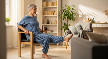 Una mujer de tercera edad con cabello gris y ropa azul claro practica pilates sentada en una silla de madera, levantando una pierna, en un salón luminoso.