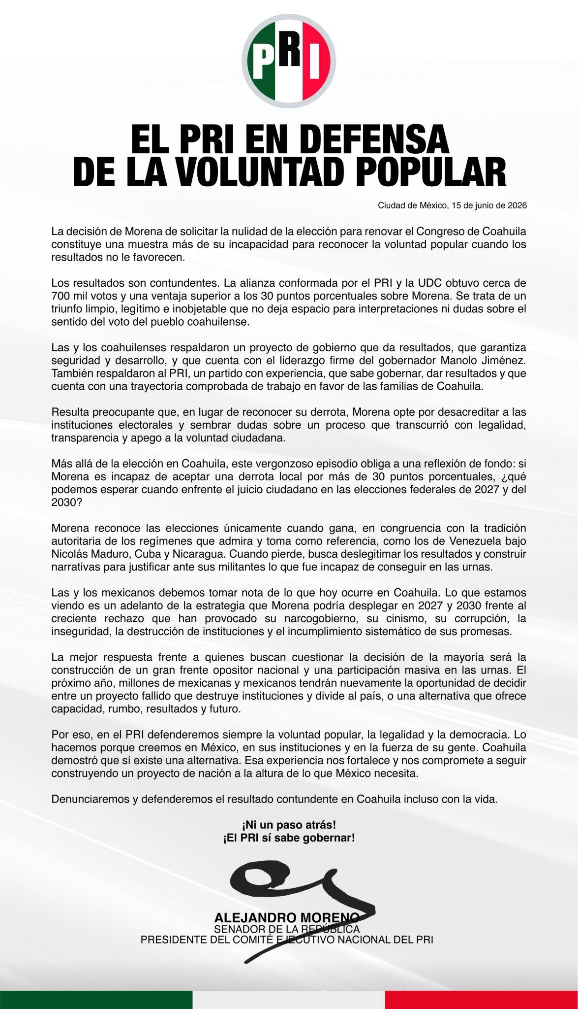 Comunicado del PRI tras impugnación de Morena por resultados de la elección en Coahuila. (PRI)