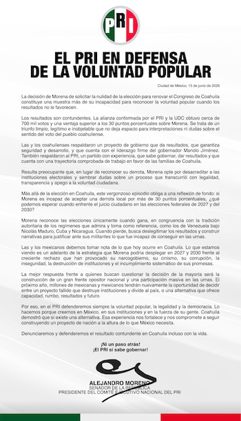 Comunicado del PRI tras impugnación de Morena por resultados de la elección en Coahuila. (PRI)