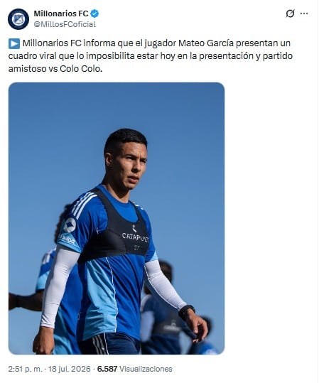 Mateo García no estará disponible para el partido entre Millonarios y Colo Colo - crédito @MillosFCoficial/X