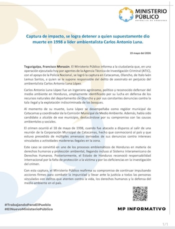 La detención reaviva uno de los casos ambientales más impactantes de Honduras. (FOTO: FB / Ministerio Público)