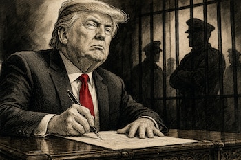 Dibujo a tinta de Donald Trump con corbata roja firmando un papel en un escritorio, con barrotes y siluetas de policías detrás.