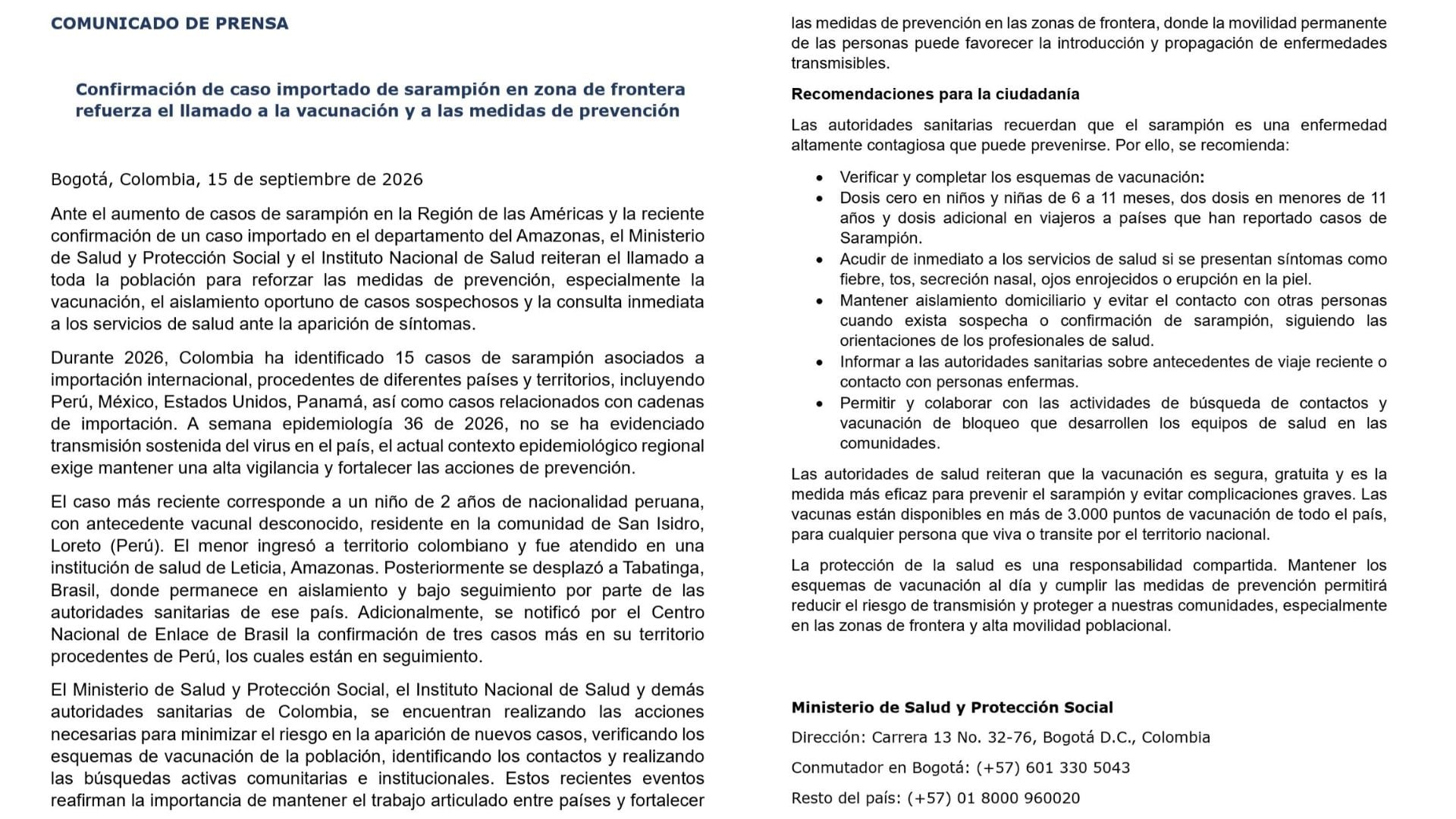 El Ministerio de Salud y el INS confirmaron un caso importado de sarampión en Amazonas y reiteraron el llamado a la vacunación. - crédito @MinSaludCol/X