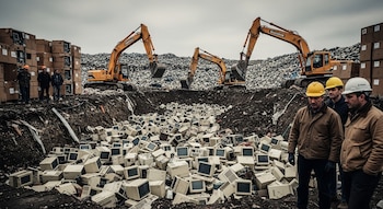 Un vertedero de los años 80 con una fosa llena de ordenadores Apple Lisa y monitores CRT. Tres excavadoras amarillas y trabajadores observan entre pilas de cajas.