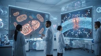 Cuatro científicos con batas de laboratorio observan grandes pantallas holográficas en un laboratorio moderno, mostrando visualizaciones de mitocondrias y membranas celulares.