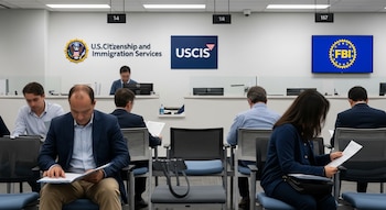 Vista general de una sala de espera institucional con personas sentadas, paredes blancas y logotipos de USCIS y FBI. Algunos consultan documentos.