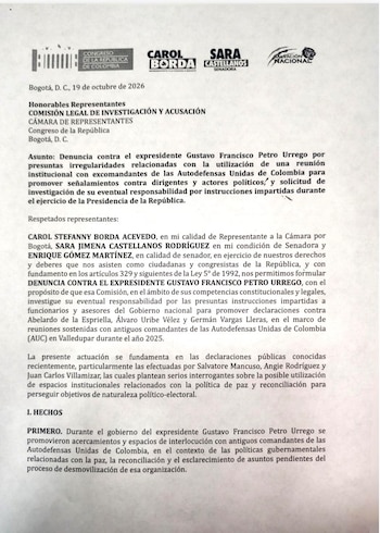 Carol Borda, junto con los senadores Sara Castellanos y Enrique Gómez, solicitó investigar la eventual responsabilidad de Petro por presuntas instrucciones impartidas durante su Gobierno. - crédito Carol Borda